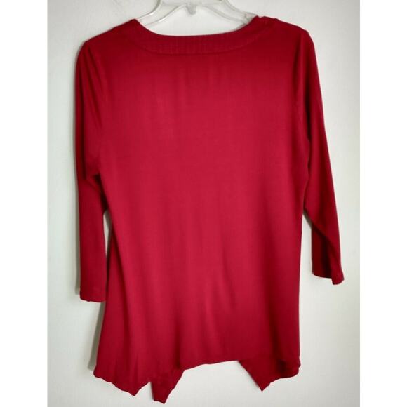 Adrianna Papell Tunic Top Women's Size M Red Knit 3/4 Sleeve Shark Bite Pullover - Picture 4 of 12